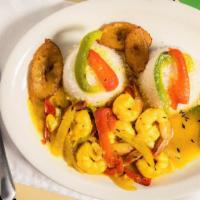 Curry Shrimps · Shrimps seasoned with Caribbean Gourmet herbs and spices, tossed with red, green, gold bell ...