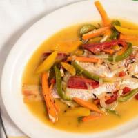 “Regular” Steam Snapper · Red snapper marinated with cg delights blend of spices, okra, carrots, pumkin, scotch bonnet...