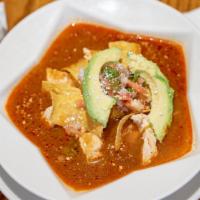 Sopa Azteca · Traditional chicken soup served with tortilla strips, pico de gallo, avocado and fresh Mexic...