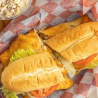 Flounder Sandwich · 3 filets of fried flounder on a hoagie roll - add lettuce and tomato at no charge!