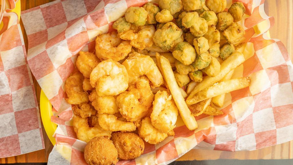 Shrimp Basket · 12 jumbo shrimp served with two hushpuppies and two sides of your choice