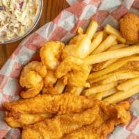 Shrimp & Catfish Basket · 6 jumbo shrimp and a quarter pound of fried catfish served with two hushpuppies and two side...