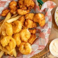 Shrimp & Scallop Basket · 6 jumbo shrimp and 1/2 pound of fried sea scallops with two sides of your choice and two hus...