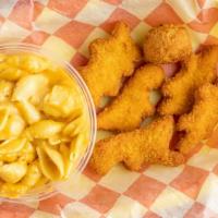 Kid'S Nuggets · Five dinosaur chicken nuggets served with french fries and a hush puppy.