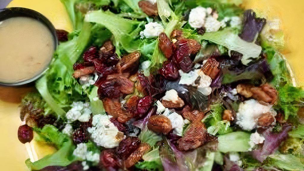 Boardwalk Salad · Mixed greens with white balsamic vinaigrette, spiced pecans, craisins, & blue cheese crumbles.