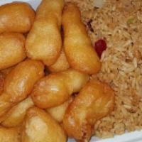 Sweet & Sour Chicken Or Pork · Comes with egg roll and roast pork fried rice or steamed white rice.