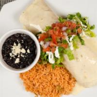 Cali Chicken · Stuffed with grilled chicken, rice, refried or black beans. Topped with queso, lettuce, sour...