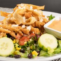 Garden Fresco · Romaine lettuce topped with choice of crispy or grilled chicken, cucumber, roasted corn and ...