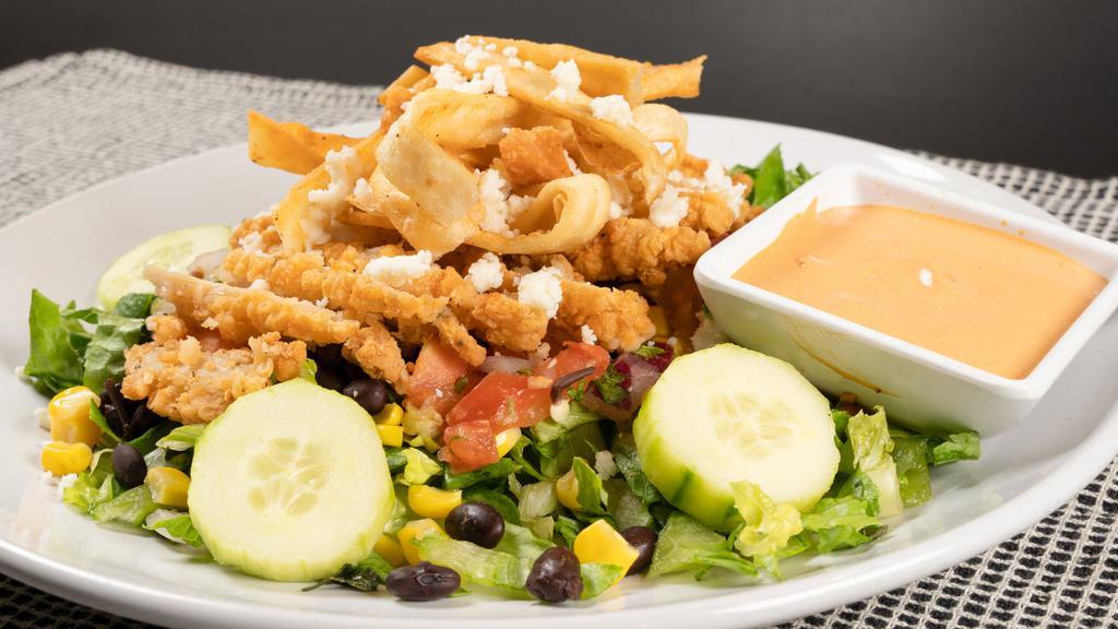 Garden Fresco · Romaine lettuce topped with choice of crispy or grilled chicken, cucumber, roasted corn and black bean pico, queso fresco and crispy tortilla strips.