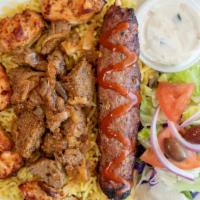 Mix Grill Chicken & Lamb Kabab & Gyro · Chicken kabab, lamb kabab and gyro served with rice and salad