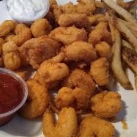 Fried Shrimp Platter · A hearty portion of our hand battered shrimp fried and served with fries and coleslaw.