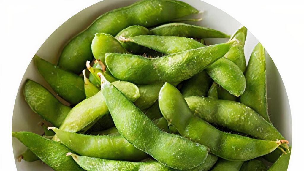 Edamame · Steamed whole soybeans, sprinkled with salt.