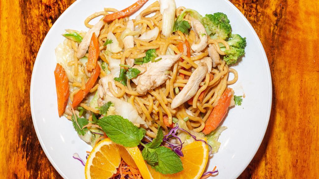 Lo Mein · Stir-fried lo mein noodles with brown sauce, egg broccoli, carrot and cabbage.