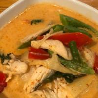 Red Curry · Thai red curry with bell peppers, basil, bamboo and cabbage.