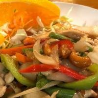Cashew Nut Stir-Fried · Cashew nut, carrot, bell pepper and onions, with brown sauce.
