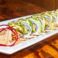Dragon Roll · Shrimp tempura, cream cheese and cucumber topped with avocado.