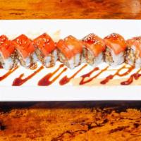 Super Crunch Roll · Japanese mayo, tempura flake mix and avocado topped with smoke salmon and eel sauce.