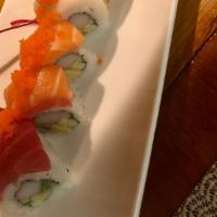 Rainbow Roll · Tuna, salmon and while tune topped on California roll.