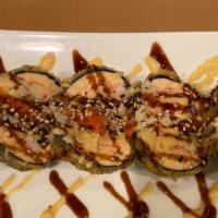 Crunchy Salmon Roll · Salmon, crab stick and avocado with two special sauce.