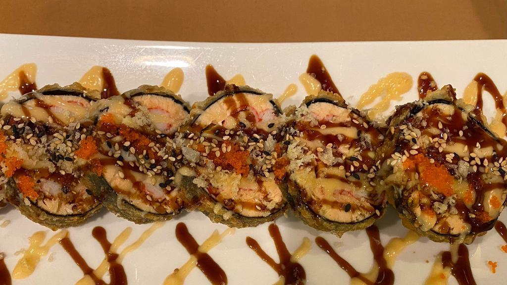 Crunchy Salmon Roll · Salmon, crab stick and avocado with two special sauce.