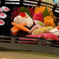 Sushi & Sashimi · Tuna roll, 7 pieces sushi and 8 pieces sashimi.