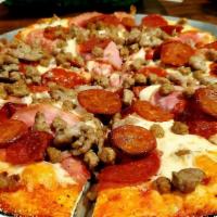Meat Lovers Pizza · Marinara, mozzarella, pepperoni, salami, sausage and minced garlic.