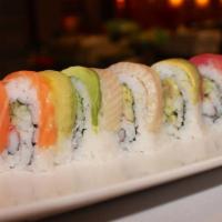 Rainbow Roll · Crab, cucumber, avocado, topped with assorted fish, masago.