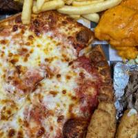 Munchie Box · Served with personal cheese pizza, Philly steak and onions, buffalo chicken tenders, cheese ...