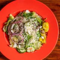 Italian Salad · Fresh iceberg and romaine lettuce mix, Feta, tomatoes, pepperoncini, kalamata olives, onions...