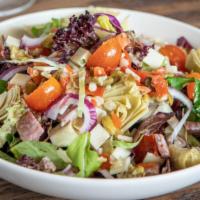 Italian Chopped Salad · Soppressata, provolone, artichoke hearts, olive salad, tomato, red onion, mixed greens, garl...