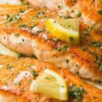 Pan Seared Salmon Platter · Fresh seasoned salmon with cleo’s signature seasonings & herbs.Served with two sides of your...