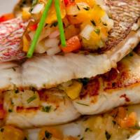  Pan Seared Snapper Fillet · Seasoned red snapper, fresh thyme, minced garlic. Served with two sides of your choice of hu...