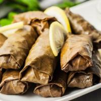 Meat Grape Leaves Platter · Stuffed with ground beef, parsley, dill, parsley, onions, and rice. Served with two choice s...
