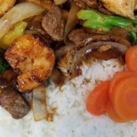 Chicken, Steak, And Shrimp · Include fried or steamed rice, broccoli, mushrooms, zucchini, onions, and sweet carrots with...