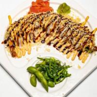 Tokyo Special Roll · Shrimp Temp, Avocado, top with crab stick, crunch, eel sauce, spicy mayo