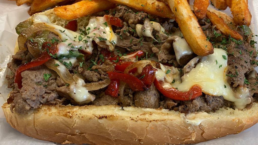 Christa'S Philly Cheese Steak · Choose beef or chicken, sauteed onions, peppers and provolone cheese on a soft hoagie bun served with fries