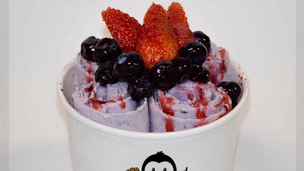 Berry Berry · Sweet cream, strawberry, blueberry, and topped with strawberry drizzle.