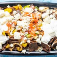 Greek Bowl · Traditional meat or chicken or grilled veggies with banana peppers and onions over seasoned ...