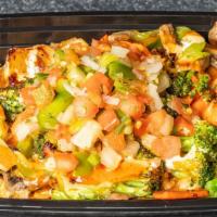 Grilled Veggie Rice Bowl With Pico De Gallo · Grilled broccoli, onions, carrots, mushrooms and bell peppers & rice mixed with dressings & ...
