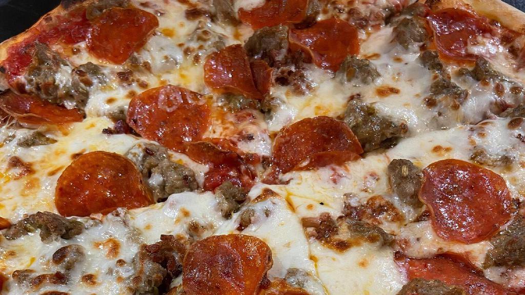 Sausage & Pepperoni · Our tomato pizza sauce with sausage crumble, pepperoni, and mozzarella cheese.