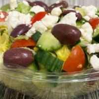 Large Greek Salad · Chopped iceberg lettuce, diced cucumbers, grape tomatoes, kalamata olives and feta cheese.  ...