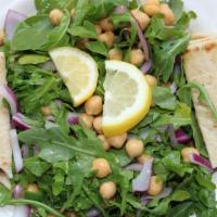 Revithosalata (Chick Pea Salad) · Chick peas, red onions, arugula, cumin, garlic, olive oil and lemon juice.