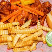 10 Pieces All Star Hot Wings · 10 Whole Wings including carrots, celery, two dinner rolls, and your choice of ranch or bleu...