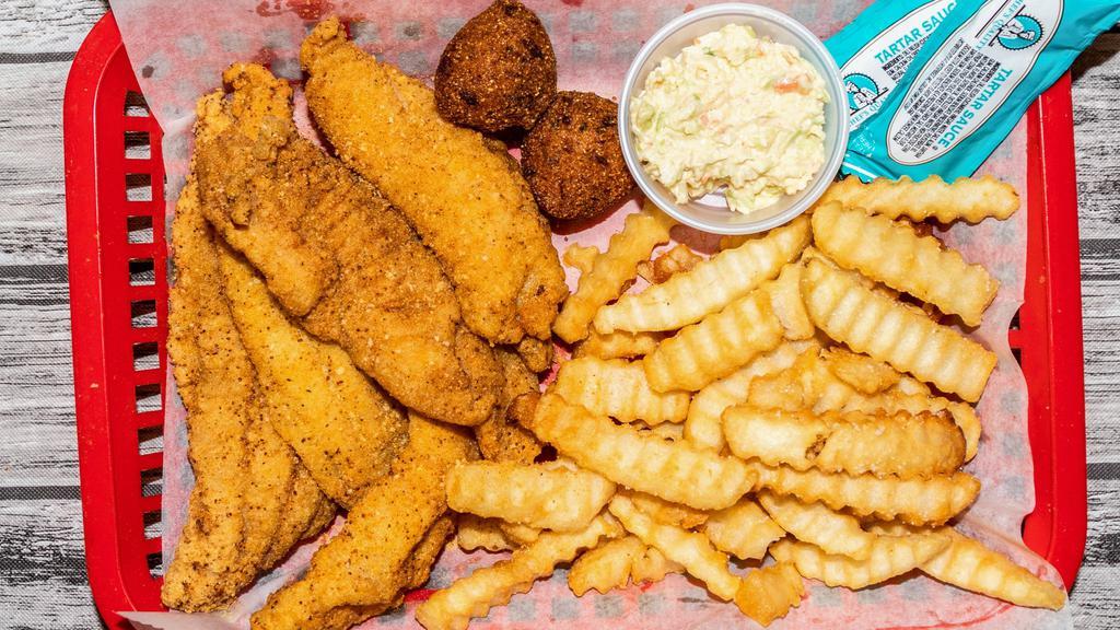 3 Pieces - Catfish Dinner · GoldenBrown catfish tenders, 1 hushpuppy, slaw, 2 tarter sauces and fries and a drink