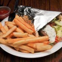 Hercules Gyro Combo · The original rotisserie gyro meat wrapped in hot pita topped with lettuce, tomato, and tzatz...