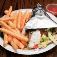 Kafta Gyro Combo · Fresh ground beef parsley, onions, spices, in a hot pita with lettuce tom and tzatziki. Serv...