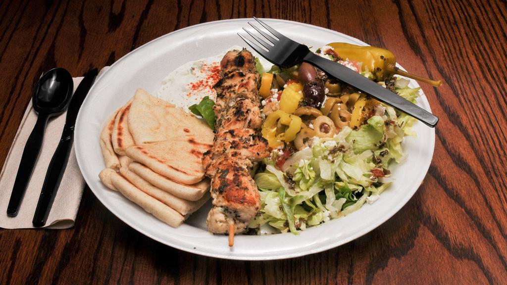 Chicken Kabob Plate · One juicy chicken kabob, plus one side of your choice. Homemade tzatziki and hot pita included.