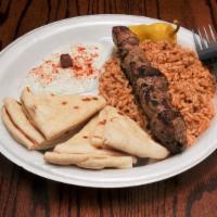 Beef Kabob Plate · One tender beef kabob, plus one side of your choice. Homemade tzatziki and hot pita included.