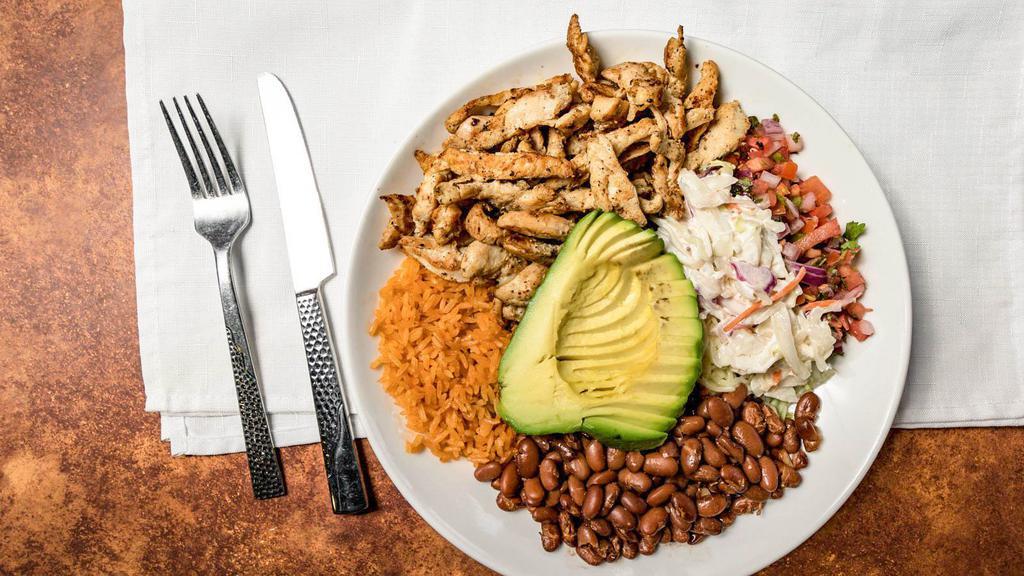 Burrito Bowl  · Your choice of steak, chicken or pork carnitas with rice, pinto beans, lettuce, pico de gallo cheese, avocado, and slaw. Add shrimp or fish for an extra cost.