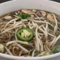 Vegan Pho · Vegan. Slow-simmered vegan broth with sautéed mushrooms and baked tofu, rice noodles, bean s...